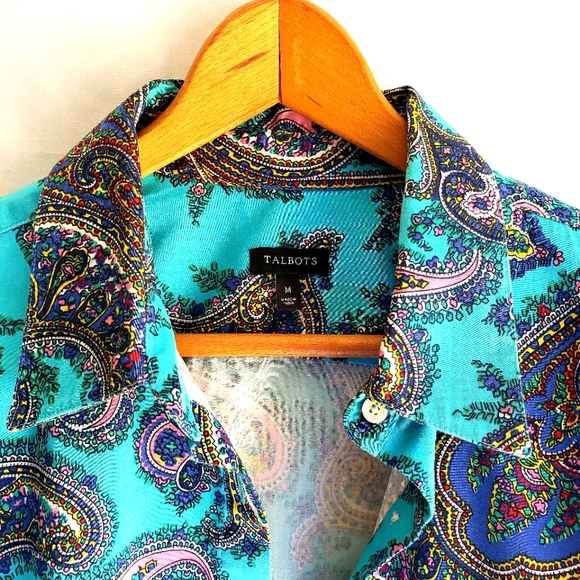 TALBOTS Blue Turquoise Paisley Super Cute Long Sleeve Button Down Blouse… - Picture 4 of 6